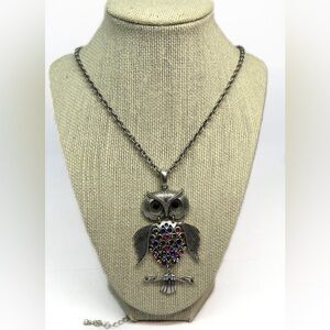 Owl  Movable Parts Silvertone & Jeweled Necklace